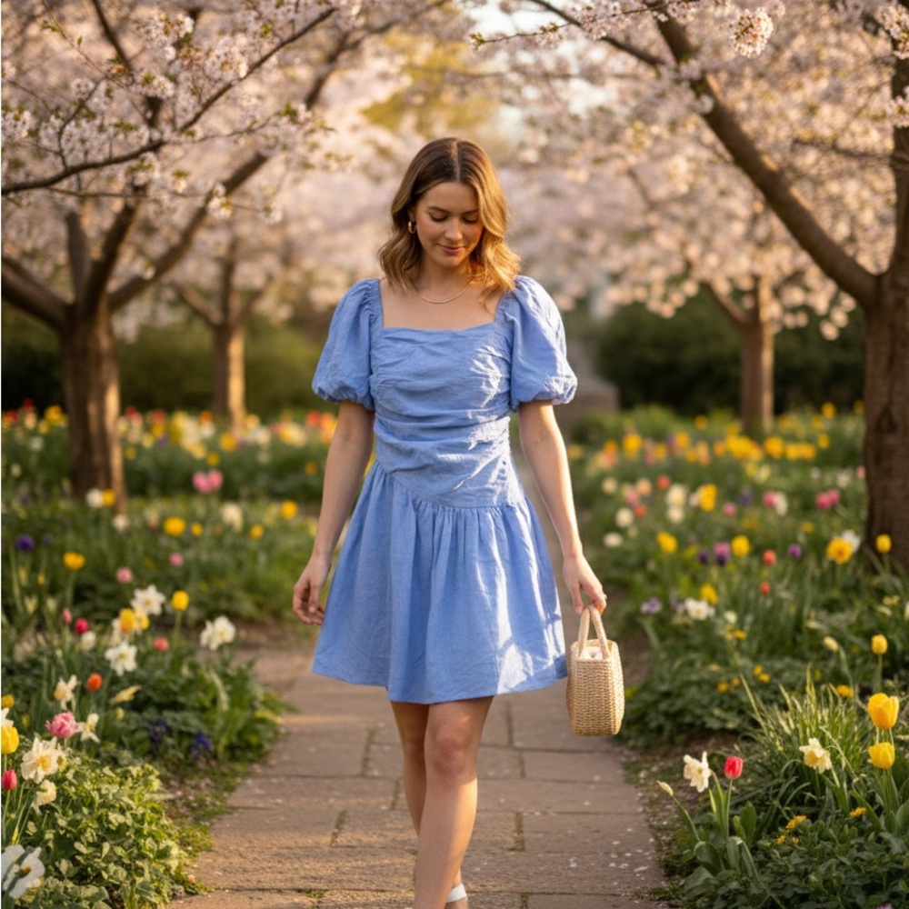 Hello Molly Light Blue Dress with Puff Sleeves